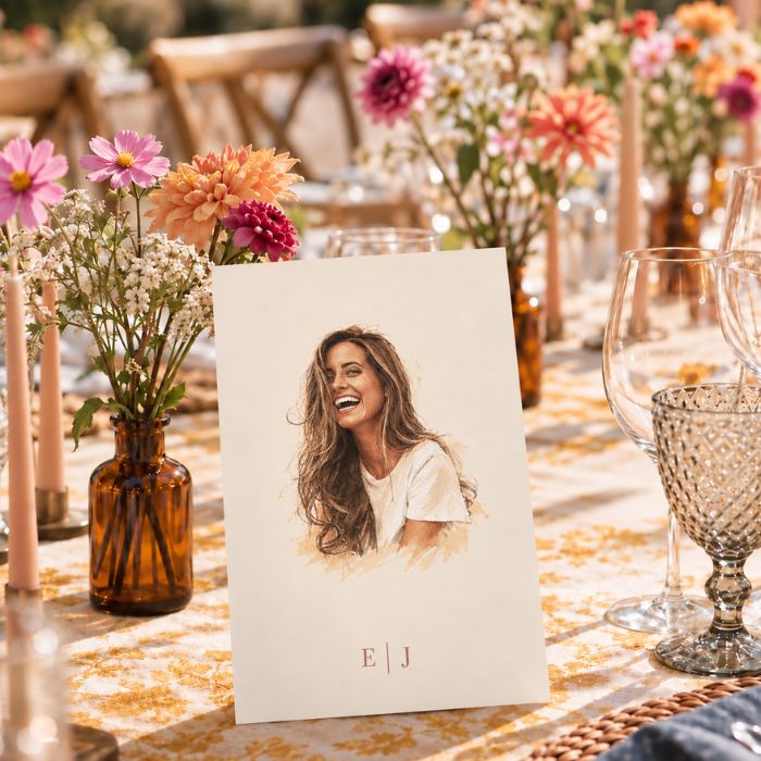 Lámina personalizada para boda con ilustración de invitada sobre mesa decorada