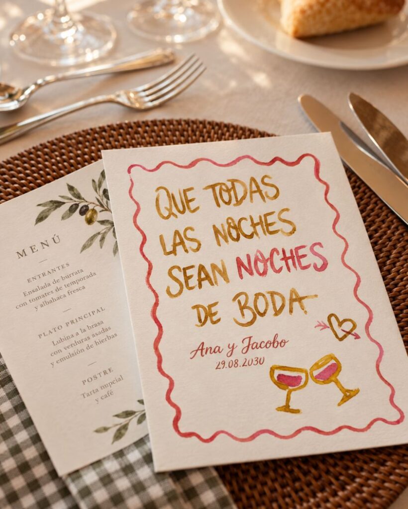 Lámina personalizada para boda colocada en mesa con mantel mostaza