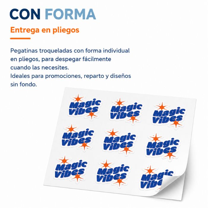 Pegatinas troqueladas con forma entregadas en pliegos
