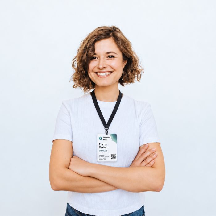 Mujer con acreditación A6 personalizada y lanyard negro