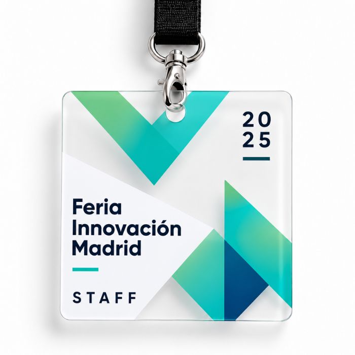 Acreditación cuadrada en PVC transparente con lanyard negro