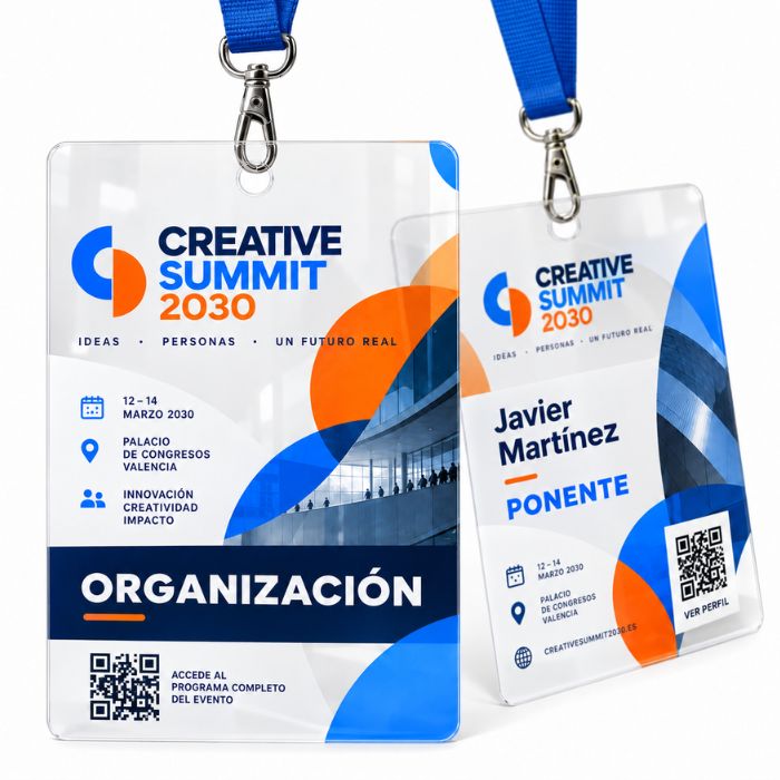 Acreditaciones A6 en PVC transparente Creative Summit 2030 con lanyard azul