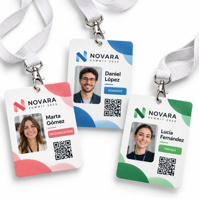 Acreditaciones personalizadas con nombres, fotografías, cargos y códigos QR
