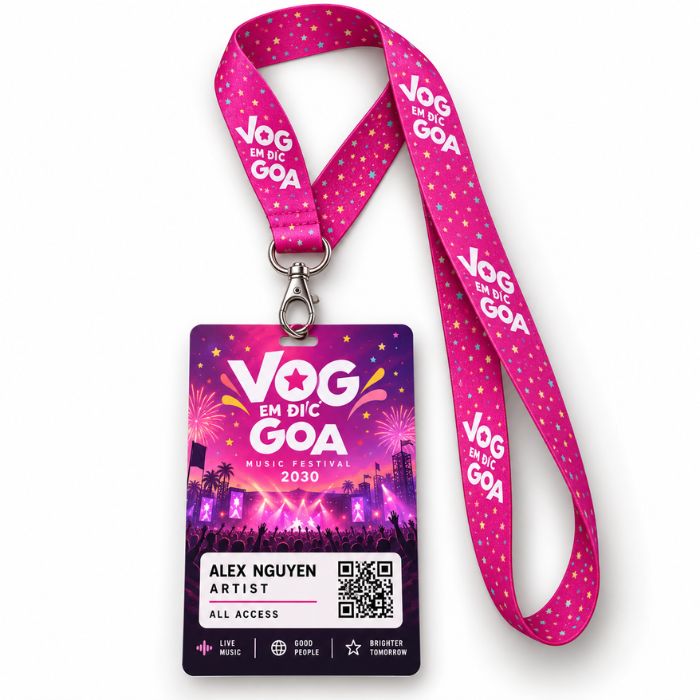 Acreditación personalizada con lanyard rosa para eventos y festivales