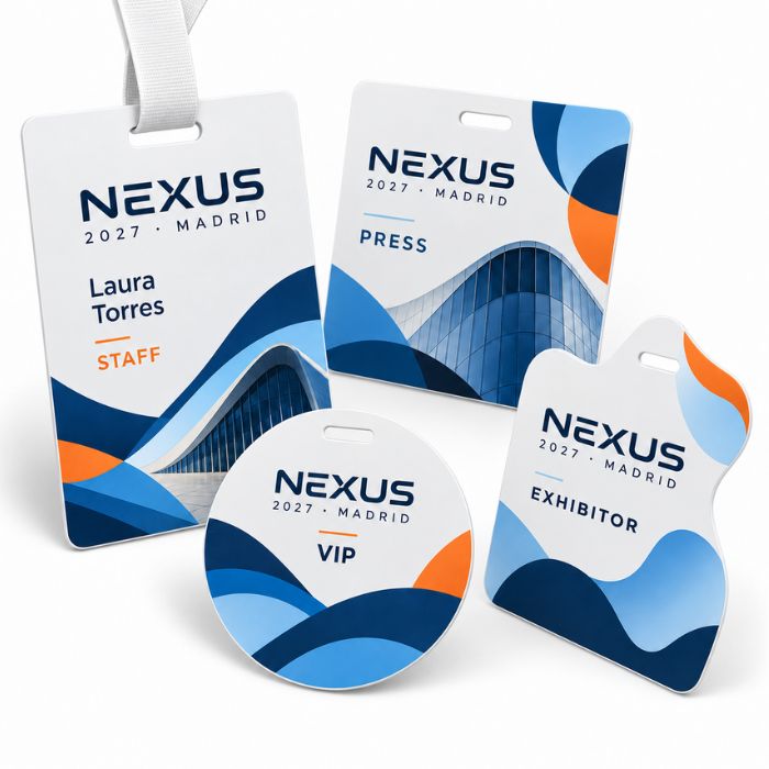 Acreditaciones personalizadas en PVC blanco con diferentes formas y tamaños