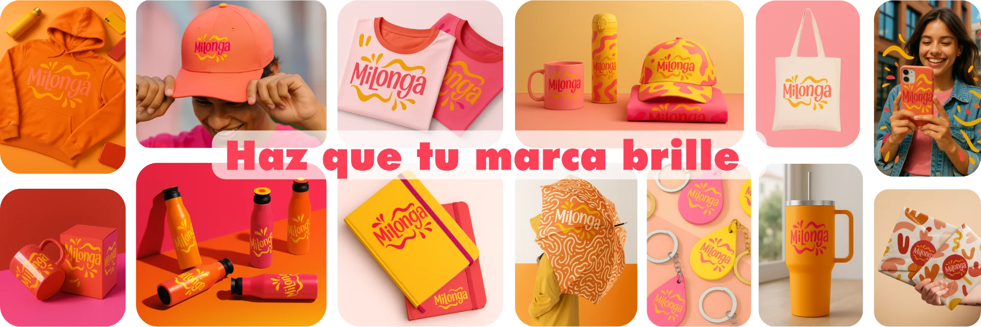 Merchandising personalizado con tu logo: sudaderas, gorras, camisetas, tazas, botellas, libretas, paraguas y bolsas, con el lema Haz que tu marca brille