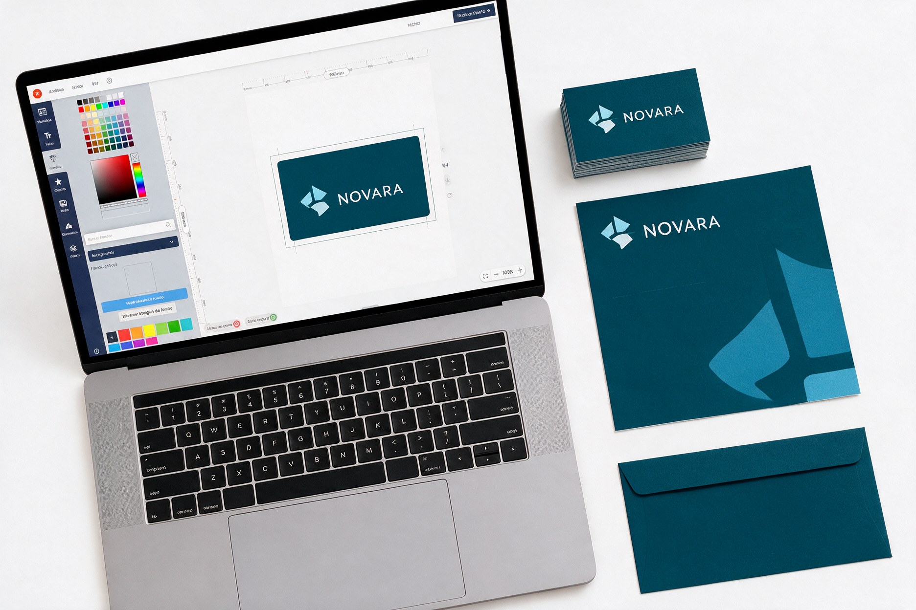 Diseñador online de Reprotel abierto en un portátil junto a tarjetas de visita, díptico y sobre impresos