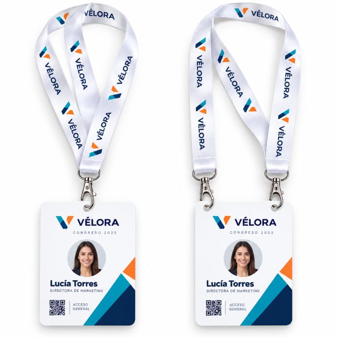 Comparativa de acreditaciones A6 con lanyard de 1 mosquetón y 2 mosquetones