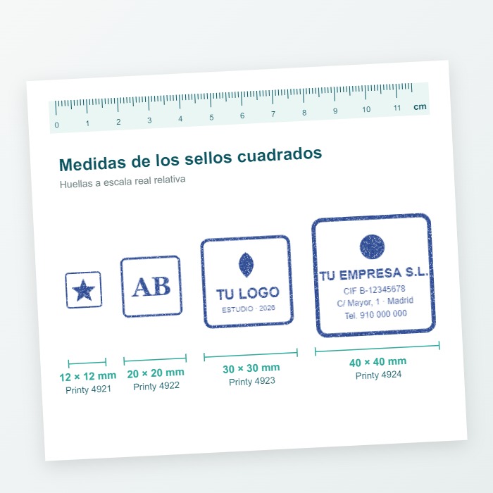 Medidas de los sellos cuadrados: huellas de 12 x 12, 20 x 20, 30 x 30 y 40 x 40 mm