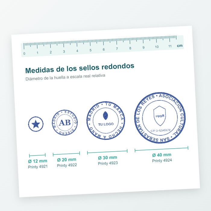 Medidas de los sellos redondos: huellas de 12, 20, 30 y 40 mm de diámetro