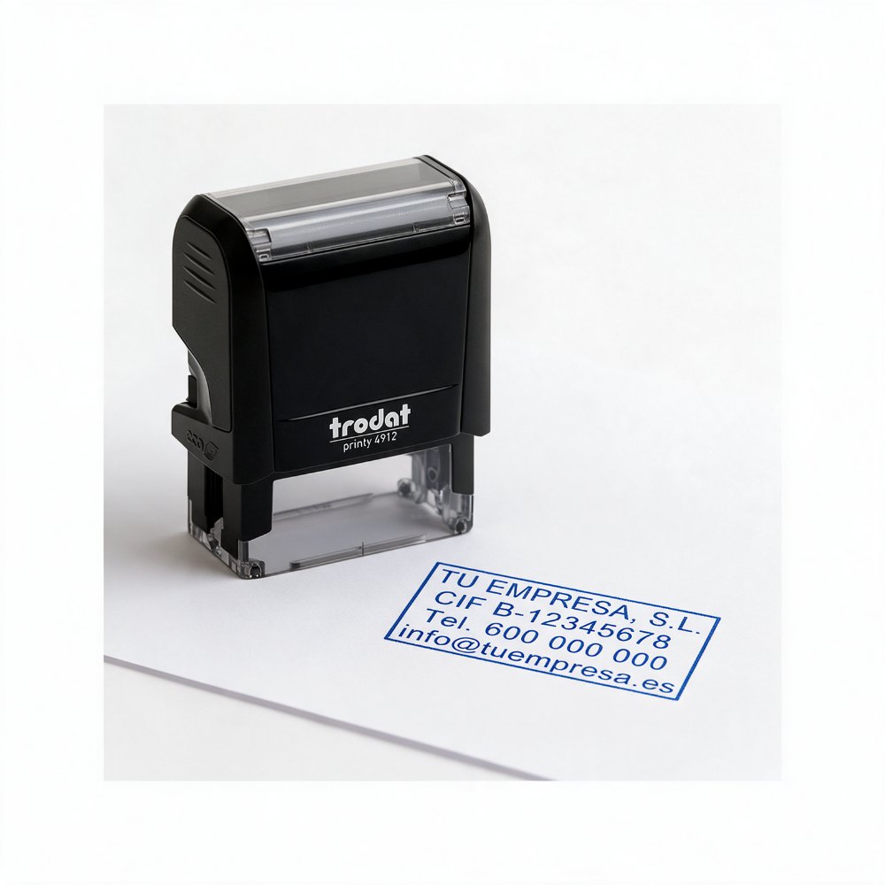Sello automático rectangular de 47 × 18 mm Trodat Printy 4912 junto a su huella en tinta azul