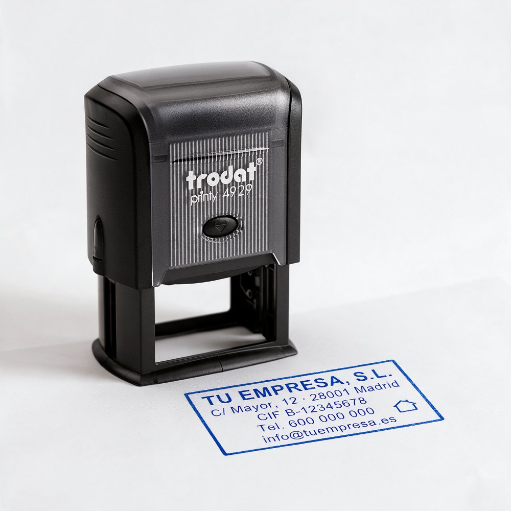 Sello automático rectangular de 50 × 30 mm Trodat Printy 4929 junto a su huella en tinta azul