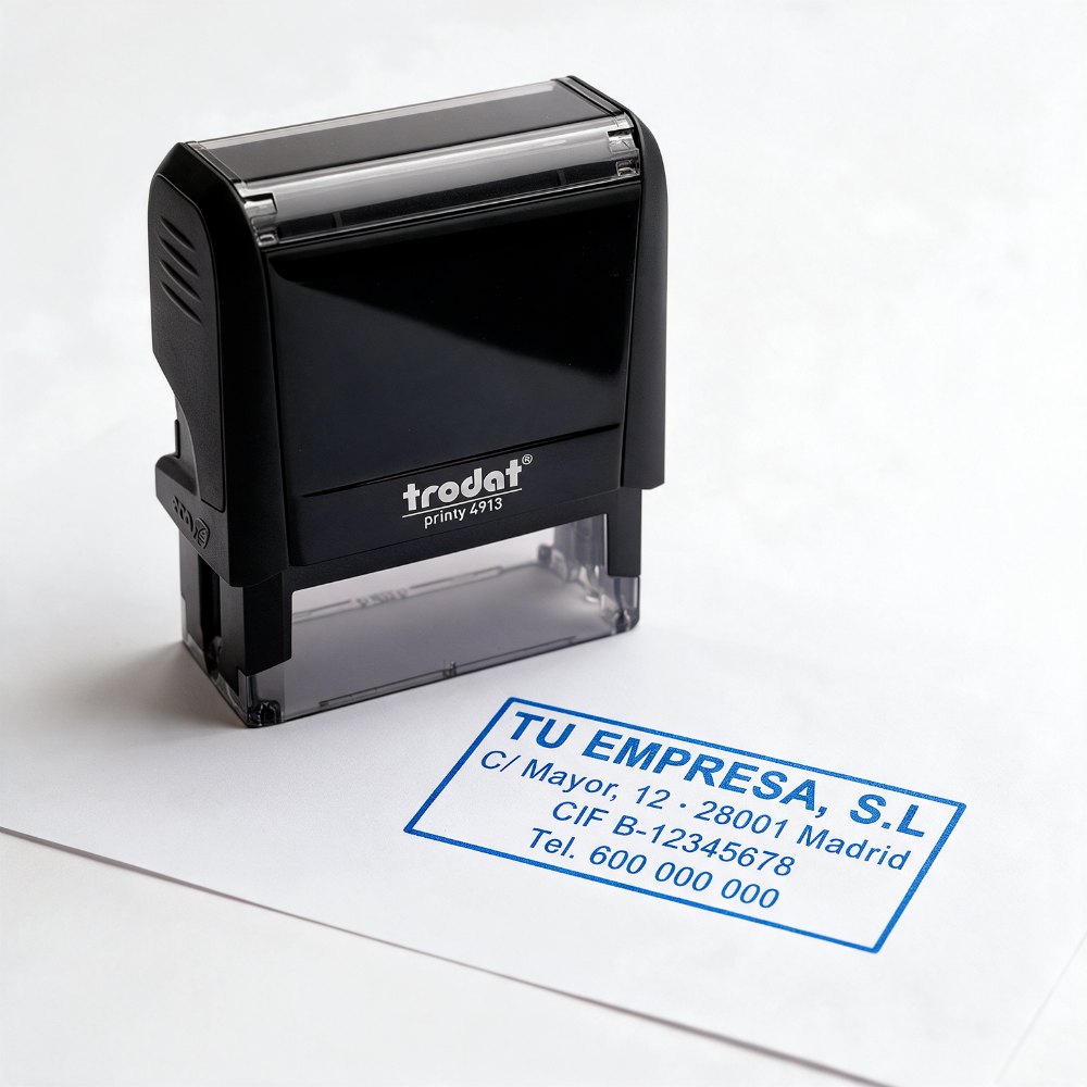 Sello automático rectangular de 58 × 22 mm Trodat Printy 4913 junto a su huella en tinta azul