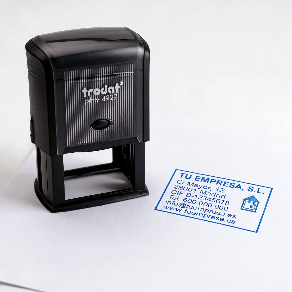 Sello automático rectangular de 60 × 40 mm Trodat Printy 4927 junto a su huella en tinta azul