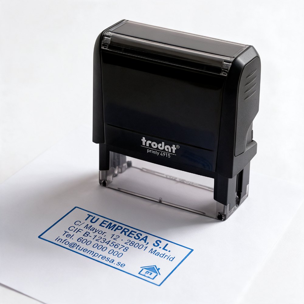 Sello automático rectangular de 70 × 25 mm Trodat Printy 4915 junto a su huella en tinta azul