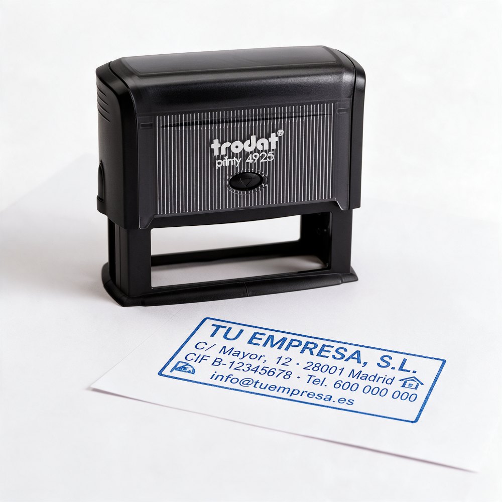 Sello automático rectangular de 85 × 25 mm Trodat Printy 4925 junto a su huella en tinta azul