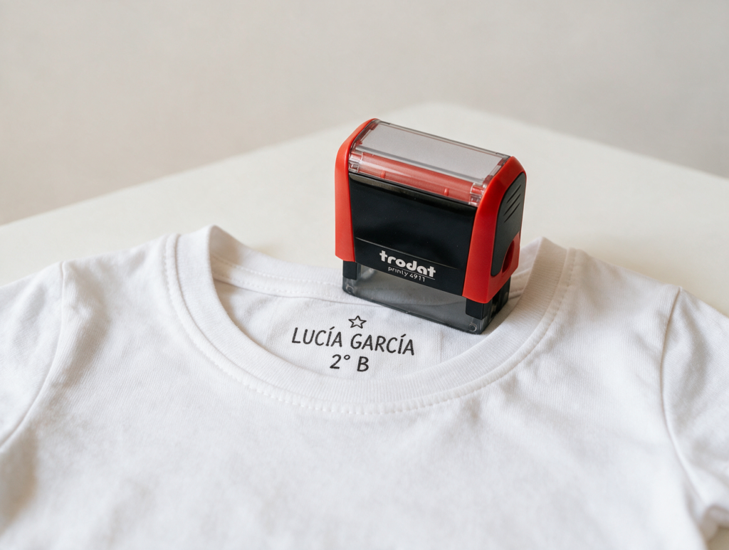 Sello textil Trodat Printy 4911 marcando el nombre de un niño en una camiseta