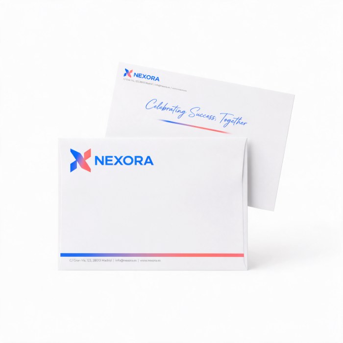 Sobre ministro personalizado de 175 × 120 mm con logotipo corporativo y tarjetón a juego